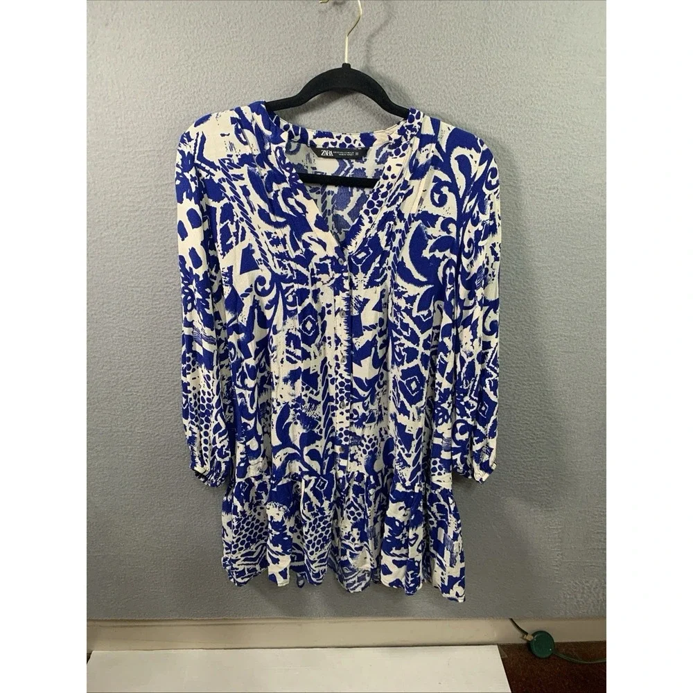 Zara‎ Women's Blue White Geometric V-Neck Balloon Sleeve Fit & Flare Dress XS
